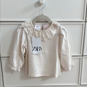 ZARA Cream Long Sleeve Top with Lace Collar